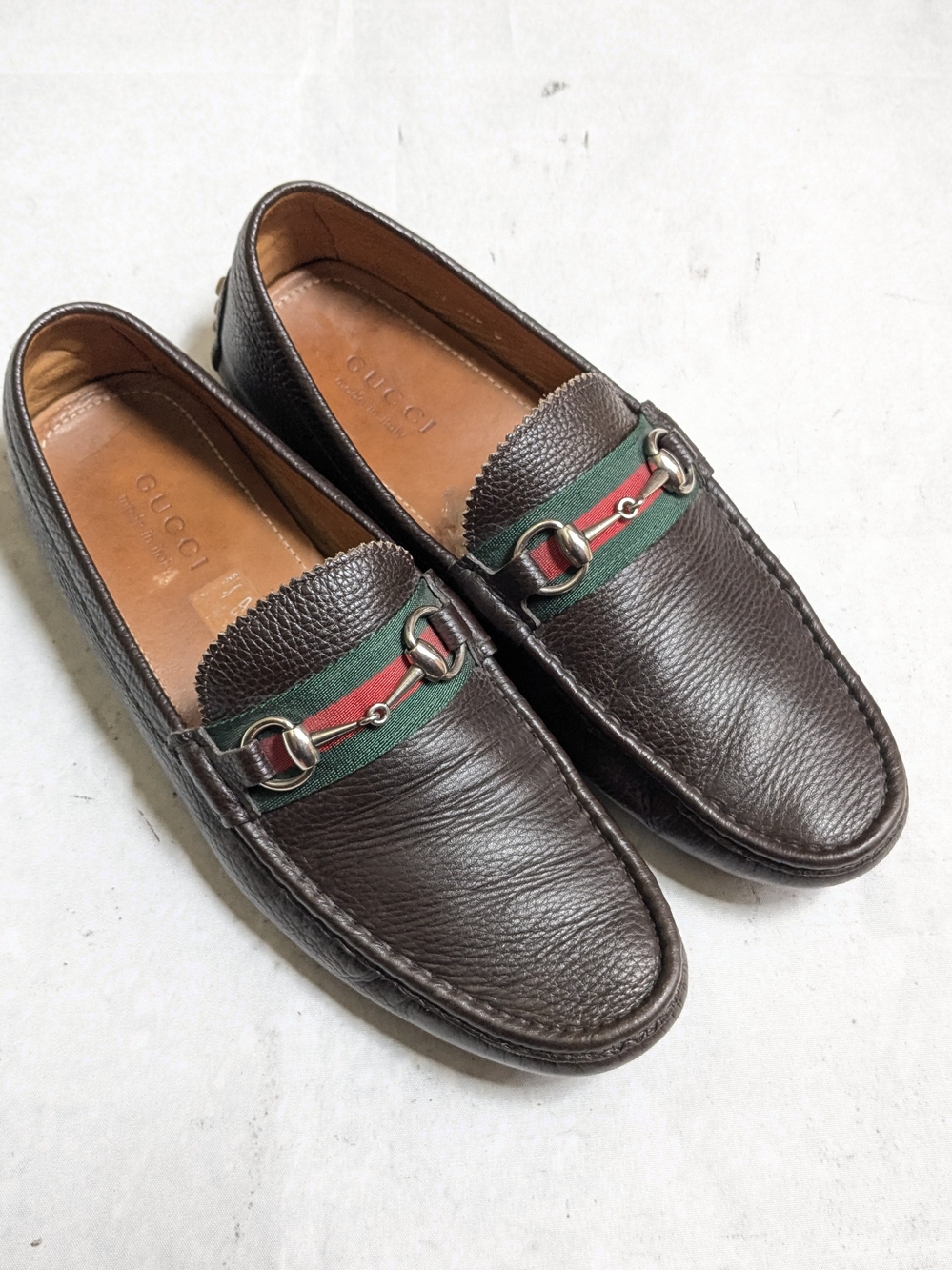 Gucci Men's Brown Leather Horsebit Loafers with Green-Red Web US 11 Driving